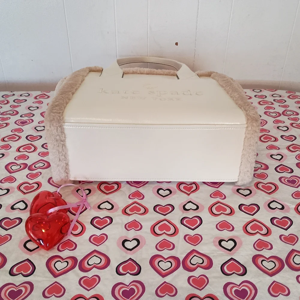 SOLD- NWT Kate Spade Meringue Cream White Jett Shearling Trim Large Tote Purse - Picture 9 of 16